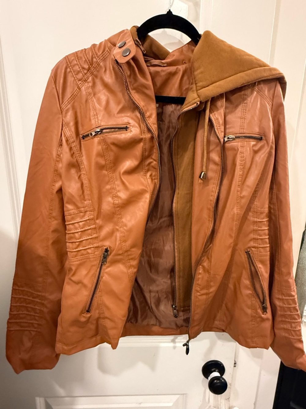 Women's Faux Leather Hooded Jacket in Cognac
